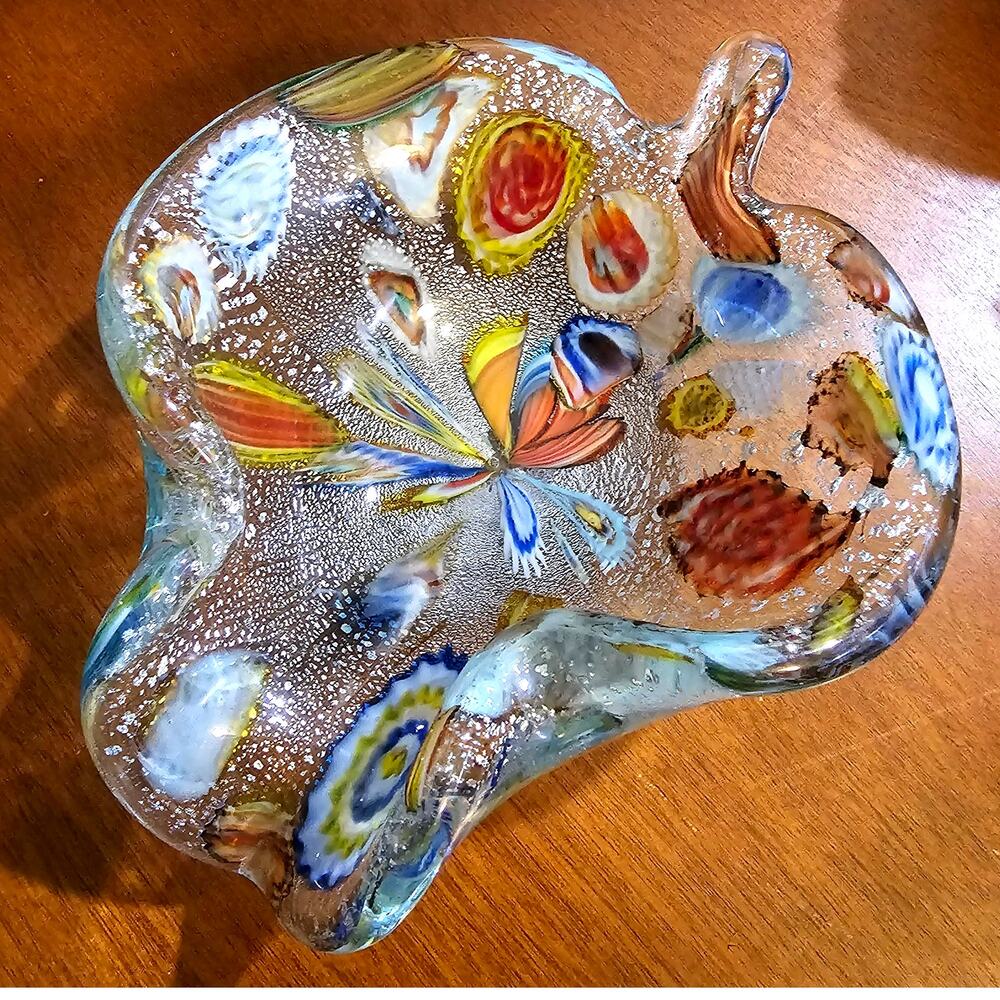 Vintage Murano Style Tutti Frutti Art Glass Bowl Confetti Silver Aventurine 6.25